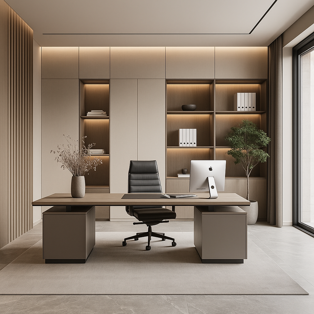 Escritório corporativo planejado com mesa de madeira e estante iluminada