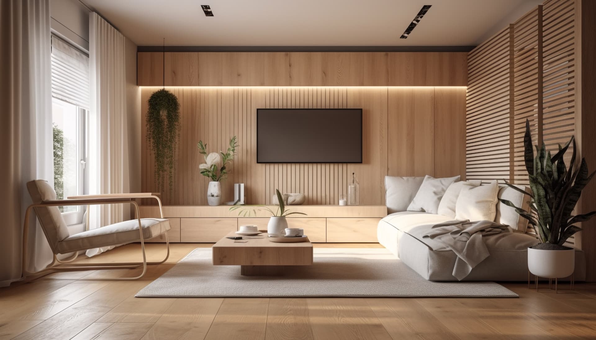 Sala de TV com painel ripado e iluminação indireta
