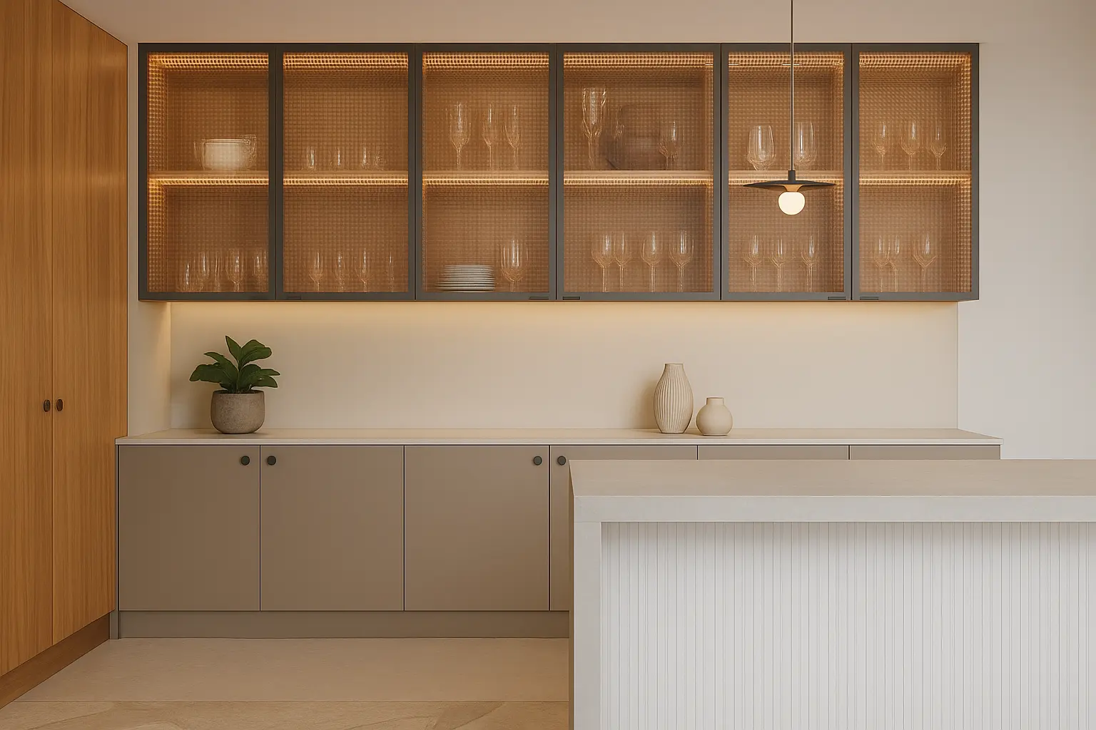 Área gourmet planejada com cristaleiras iluminadas e bancada clara